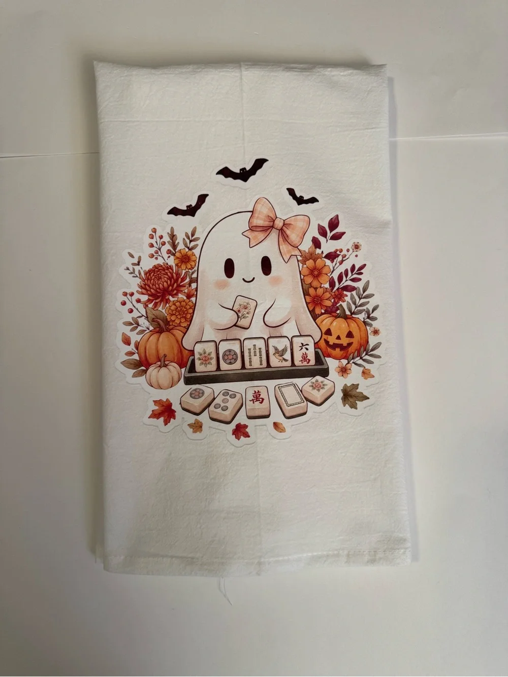 Fall Autumn Halloween Cute Ghost Mahjong kitchen Towel - White & Orange